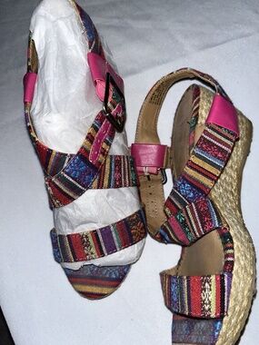 Mia Kareena Boho Colorful Fabric Ankle Strap Wedge Heel Espadrille Sandals Size5